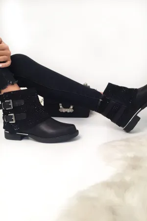 Black Embellished Buckle Detail Boots - Kayson