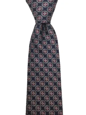 Navy Blue, Red and Silver Motif Tie