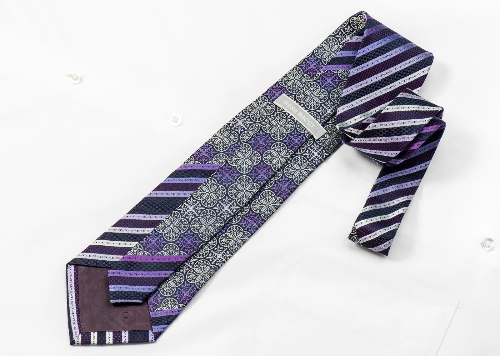 Nina Ricci Men's Silk Crystal Tie Striped & Geometric On Purple Sparkling With Rhinestones