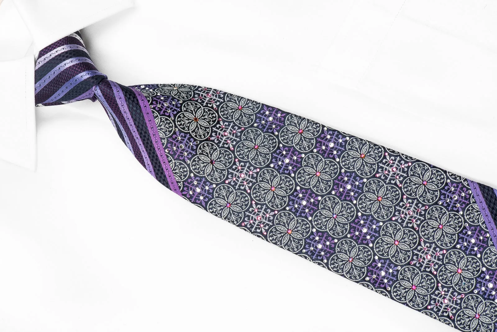 Nina Ricci Men's Silk Crystal Tie Striped & Geometric On Purple Sparkling With Rhinestones