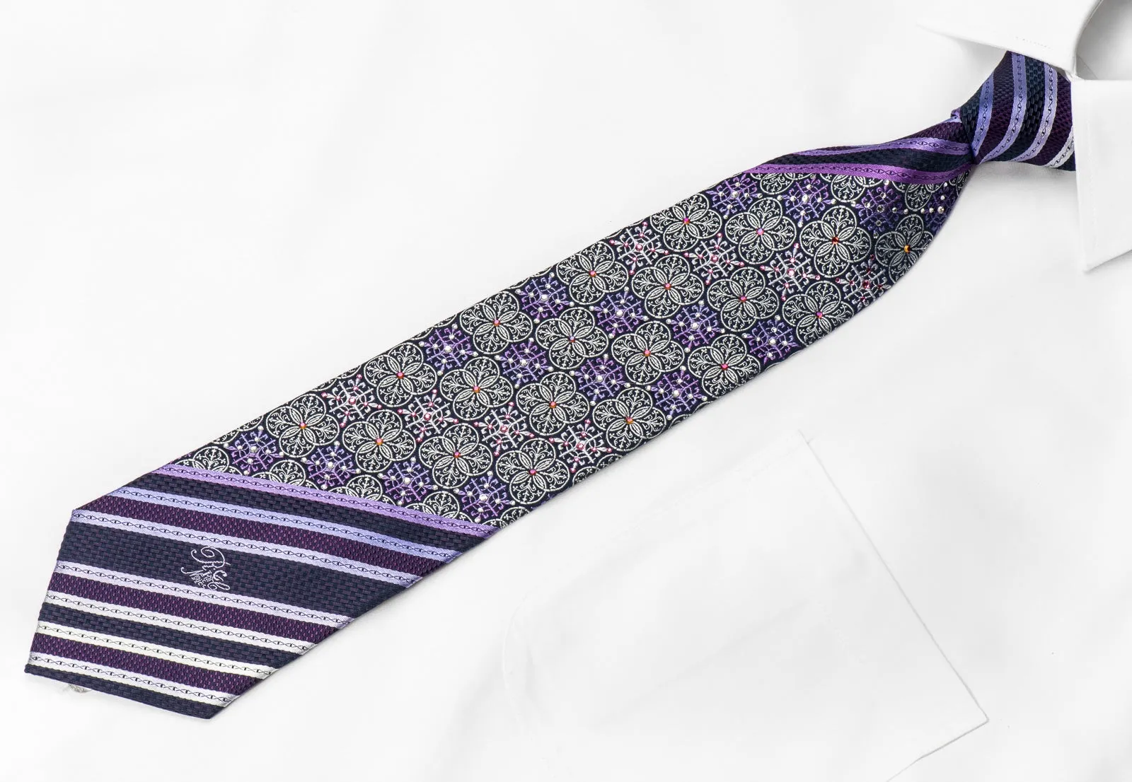 Nina Ricci Men's Silk Crystal Tie Striped & Geometric On Purple Sparkling With Rhinestones