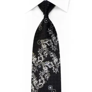 Silver Acanthus Scrolls On Black Rhinestone Necktie With Sparkles